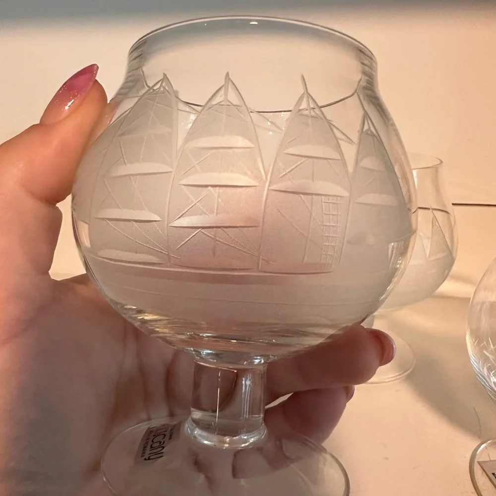 Vintage 4 Brandy Cognac Snifters Etched Cut Clipper Ship Toscany hand blown